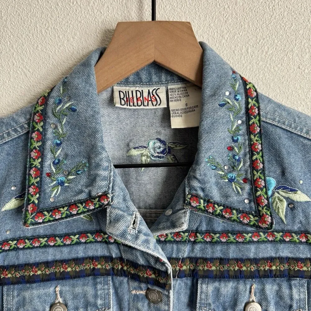 Vtg Y2K Bill Blass Vest Womens Small Blue Embroidered Festival Boho Hippie Denim